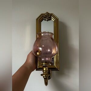 Dainty vintage gold mirror sconce with pink candle cover